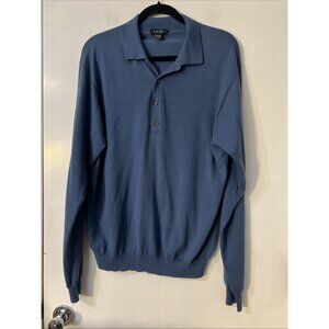 L X R I 100%  Cashmere Blue Henley Polo Sweater Mens Sz M Preppy